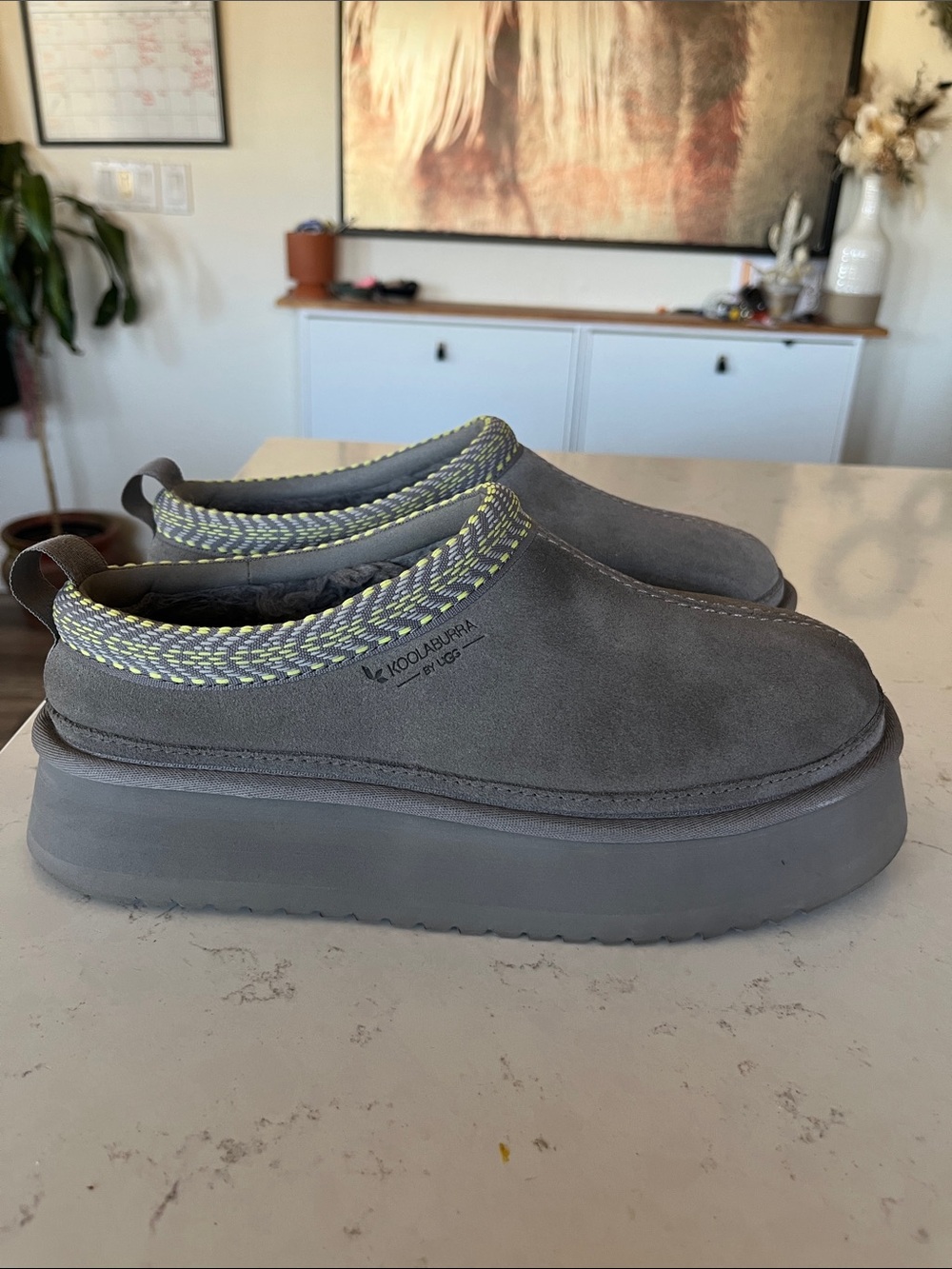 Koolaburra Gray Suede Slip-On Clog with Neon Yellow Trim